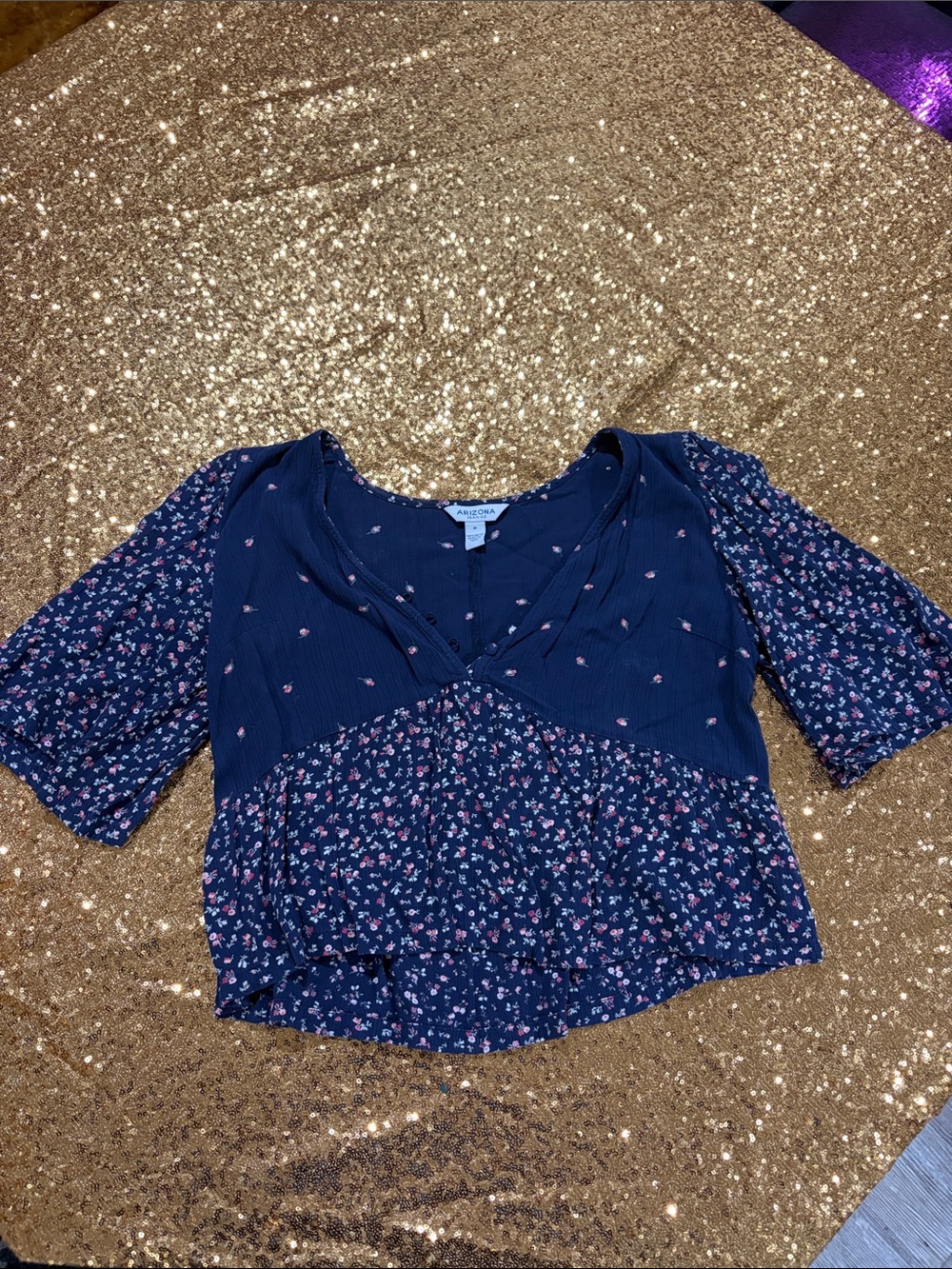 Arizona Jean Company Navy Floral Peplum V-Neck Blouse